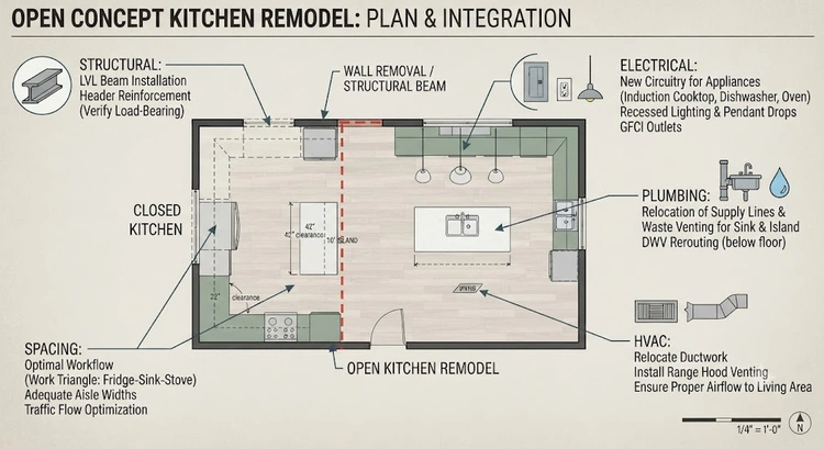 infographic showing the sequential phases of an open concept kitchen remodel from planning through final city inspection