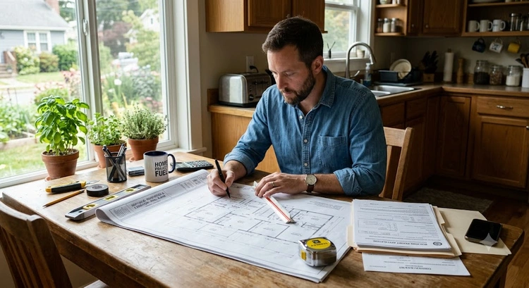 Owner builder permit California application documents and approved site plans on a construction desk