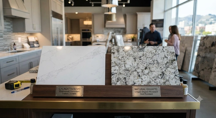 Quartz vs granite countertops side-by-side comparison for Bay Area kitchen remodel
