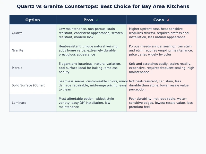 Quartz vs granite countertops comparison showing surface texture, veining, and color variation for Bay Area kitchens