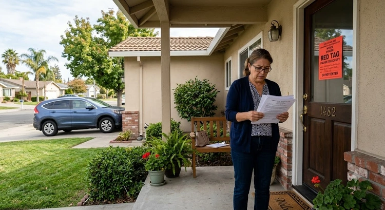 Red tag notice posted on San Jose residential property door signaling a stop work order