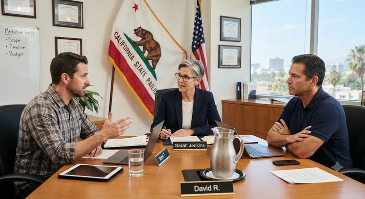 Homeowner reviewing contract documents to resolve a dispute with contractor California