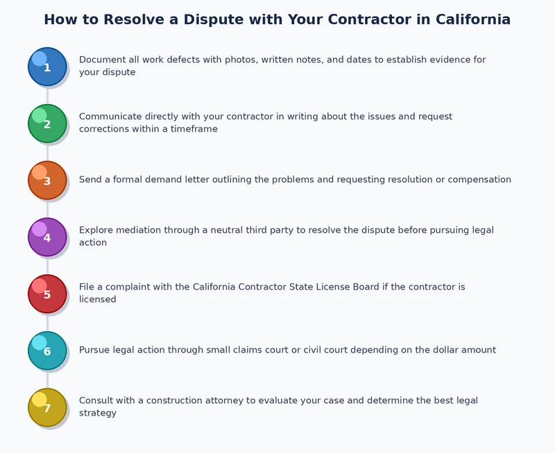 California contractor dispute resolution process diagram showing negotiation, CSLB complaint, and court steps
