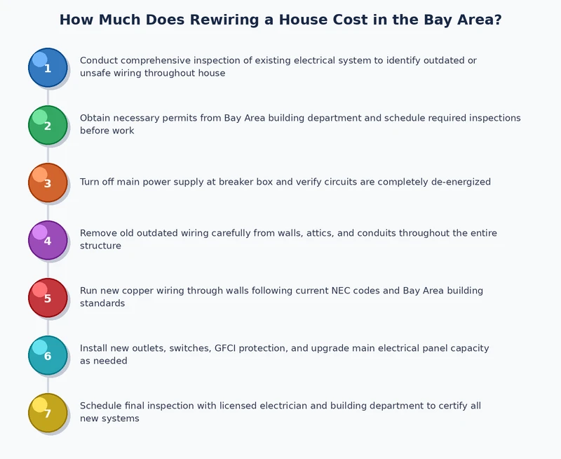 Rewiring process diagram showing steps from inspection through permit to final sign-off in Bay Area homes