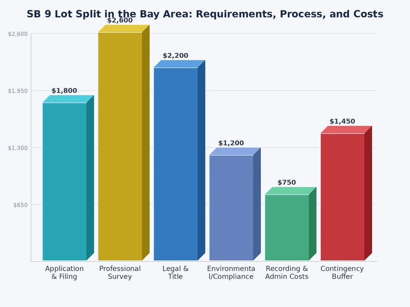 Bar chart showing SB 9 lot split cost breakdown across Bay Area cities including survey, fees, and utility separation