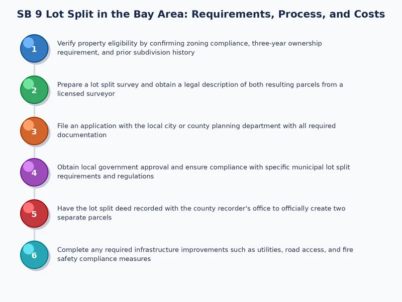 SB 9 lot split Bay Area application process flow diagram from feasibility check through county parcel map recordation