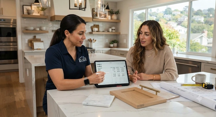 Bay Area homeowner reviewing remodel budget estimate with a contractor at a table