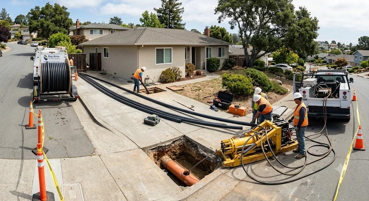 Sewer line replacement cost Bay Area — open trench excavation at a residential property