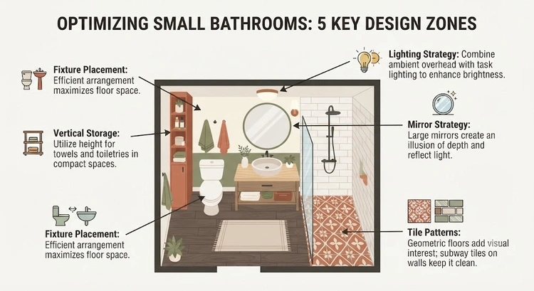 Infographic showing small bathroom remodel ideas including storage, lighting, and layout tips