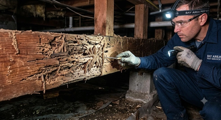Termite damage repair Bay Area — exposed floor joists showing subterranean termite galleries in a Peninsula crawl space
