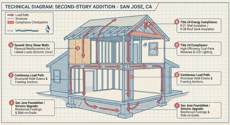 Infographic showing the Title 24 energy compliance pathway from permit application through HERS verification and final inspection for Bay Area home additions