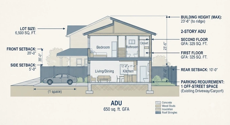 Two-story ADU Bay Area cost breakdown and comparison infographic showing budget categories and two-story versus single-story differences