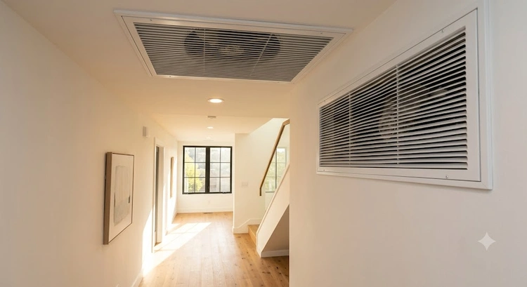 Whole house fan cost Bay Area installation showing insulated ducted fan unit mounted in attic ceiling framing